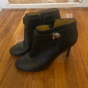 Coach Sondra Black Leather Heeled Ankle Boot with Gold Logo Buckle Strap Size 9